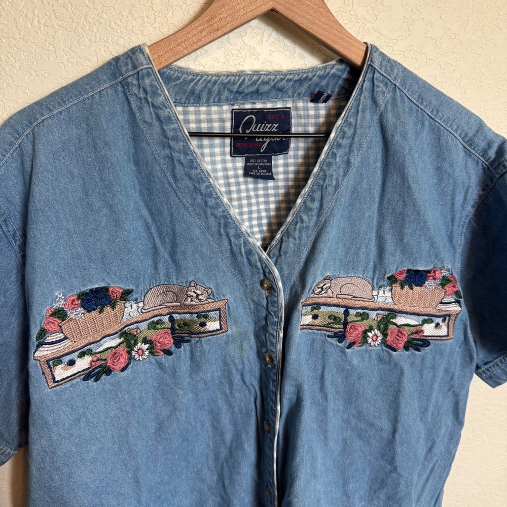 Vintage Cottagecore Quizz Again Embroidered Cat Denim Shirt Large Blue - Picture 5 of 5